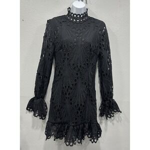 PrettyLittleThing Midi Dress Womens 8 Black Eyelet Crochet Zip Long Sleeves NWT